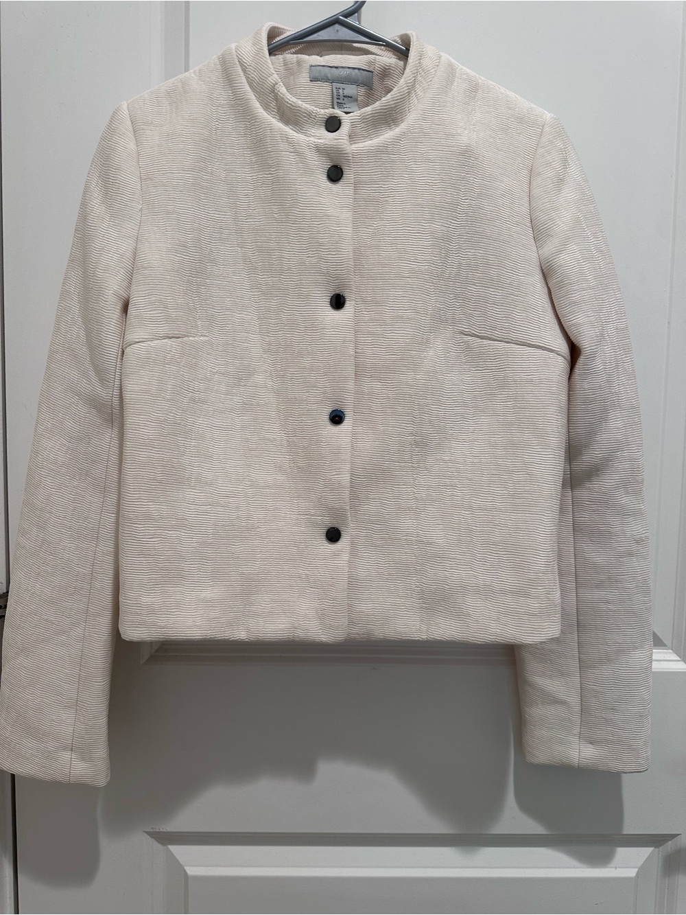 H&M Cream Collarless Textured Button Jacket